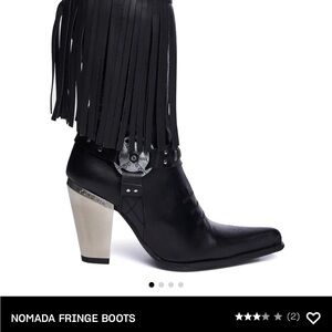 New Rock, Nomada Black Leather Fringe Ankle Boots with Silver Block Heel